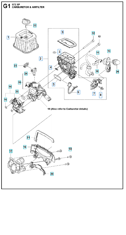 Husqvarna Chainsaw 572 XP Carburetor & Air Filter