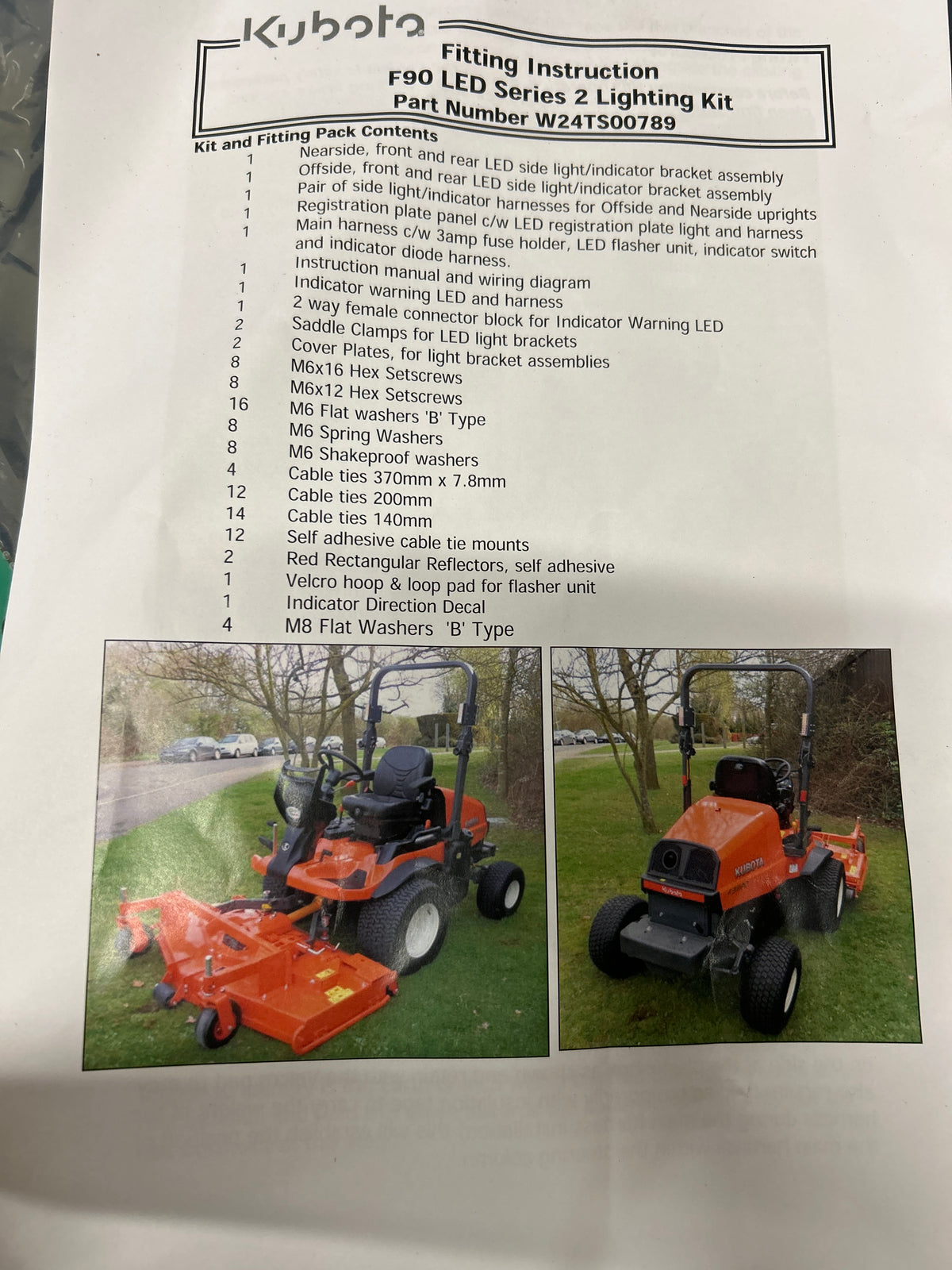 Kubota Genuine Part - LIGHTING KIT - Kubota F90 Outfront Mowers (F2890 / F3090 / F3890) PN: W24TS00789